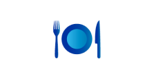 Blue icon of a plate with a fork lying to the left and a knife lying to the right