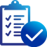 Blue icon of a clipboard with a blue tick next to it